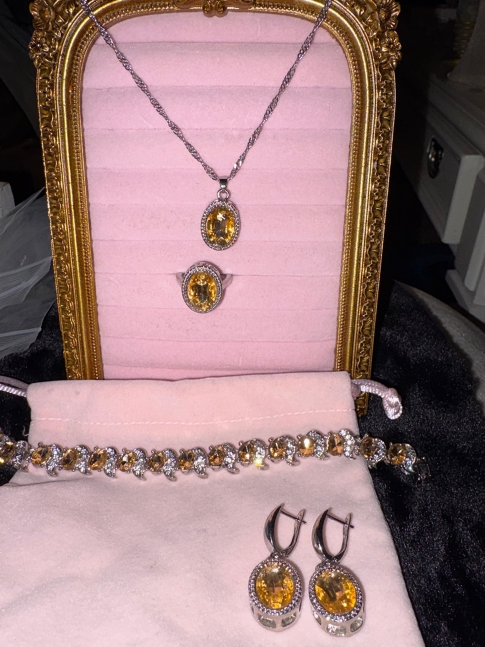 Silver Toned and Citrine  like Set - Necklace, Earrings, Bracelet, Ring -